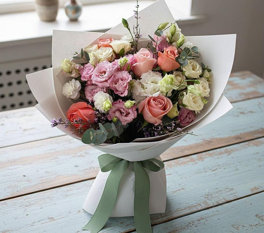 Букет цветов из: Розы, Лизиантусы и Гвоздики в Пущино