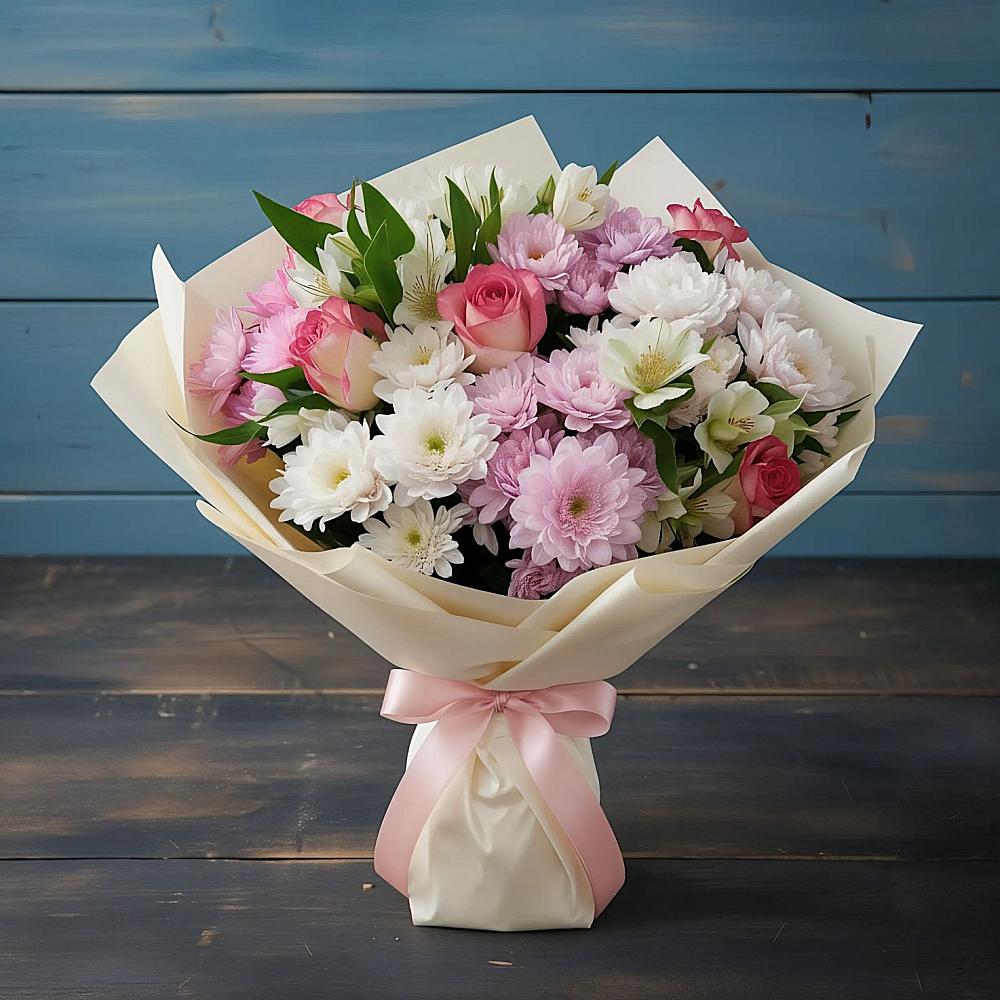 Букет цветов из: Хризантемы, Альстромерии и Розы в Пущино